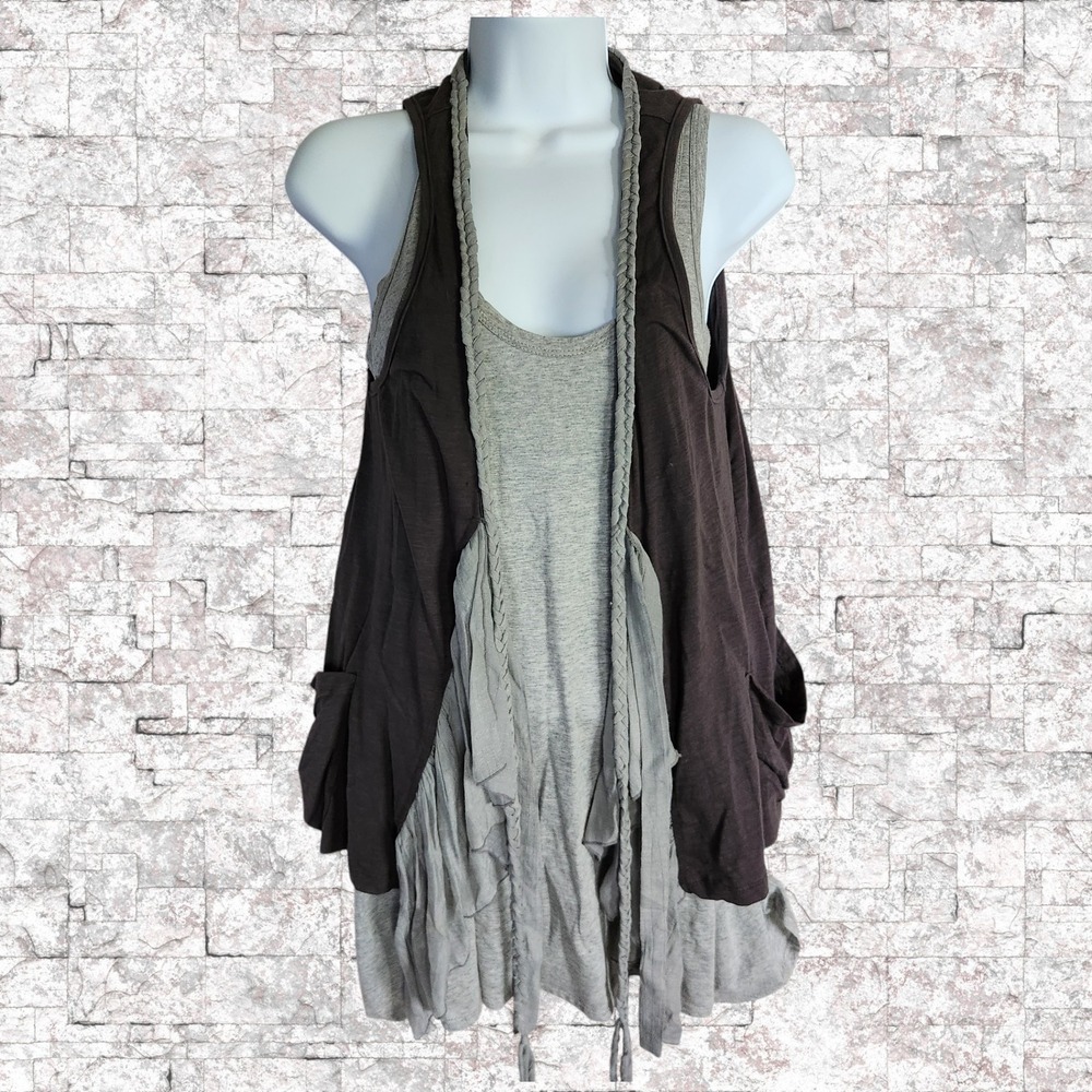 Mystree Womens Gray 2 Piece Sleeveless Tunic Tank and Braided Trim Vest Set S